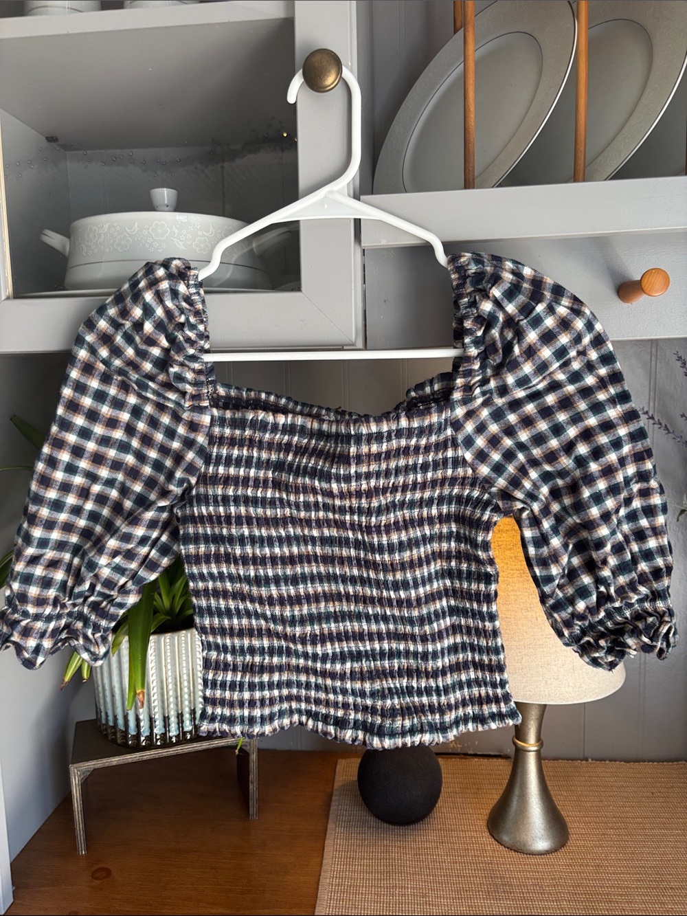 Sage Navy & Cream Smocked Plaid Puff-Sleeve Top